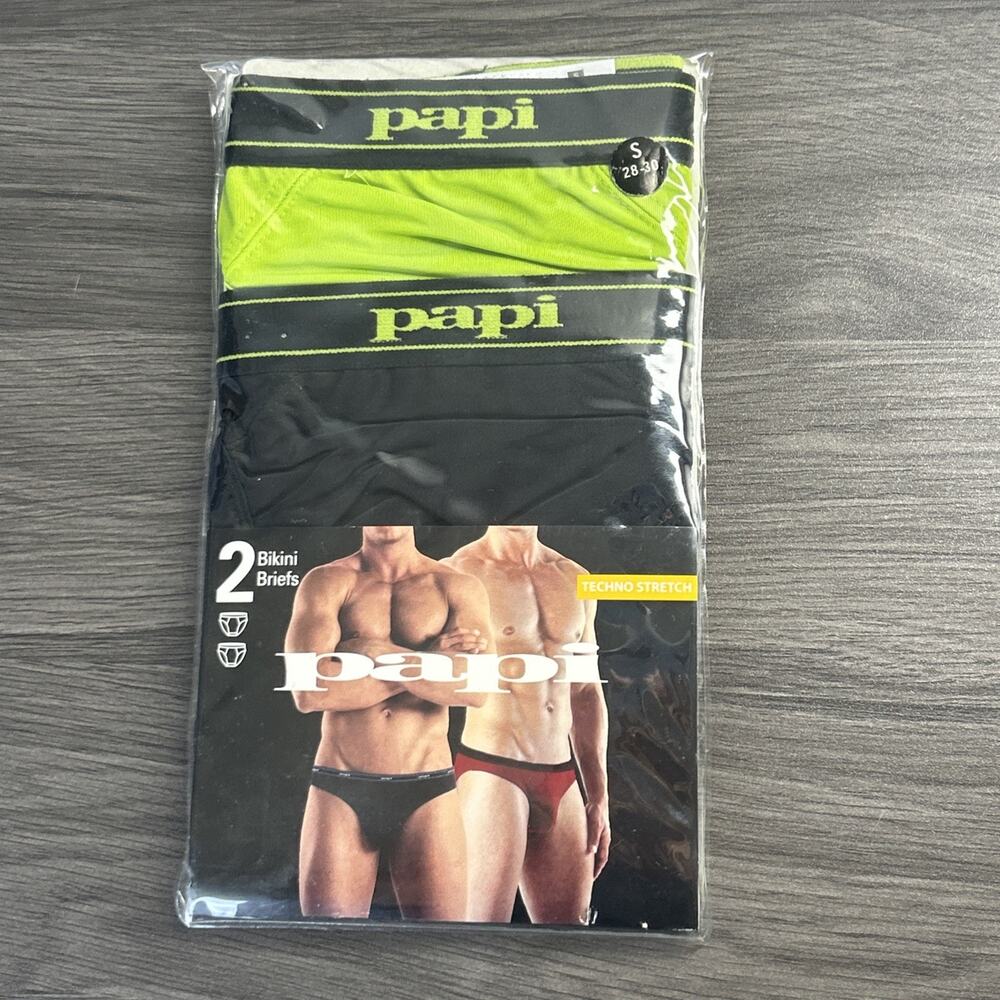 PAPI Techno Stretch Men’s Bikini Briefs 2 Pack Black Lime Green S 28-30 NIP